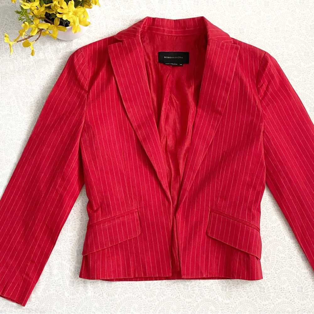 BCBGMaxAzria Sleek Cropped Pinstripe Blazer, Vibrant Red